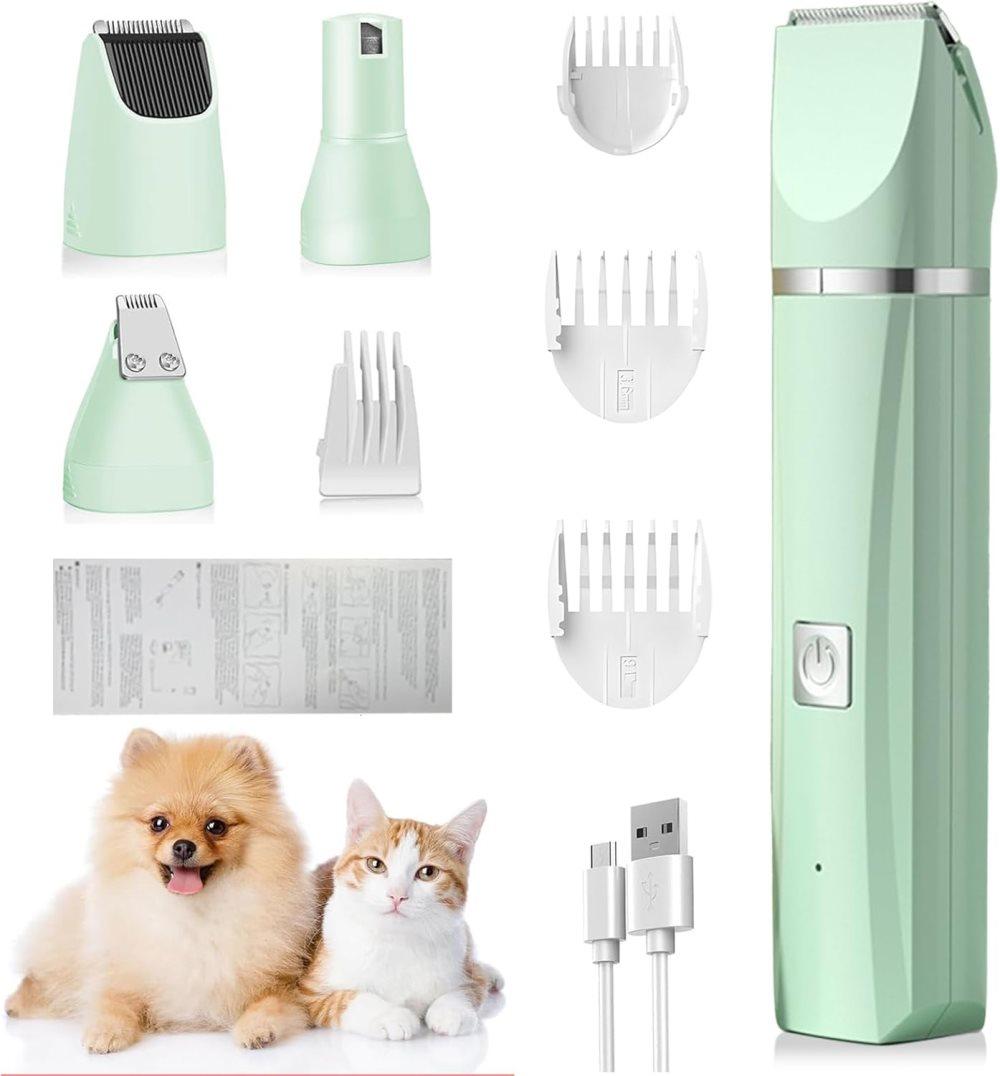 4-in-1 Dog Trimmer Cordless with Nail Drill and 7 Accessories for Thick Fur, Quiet Silent, Compatible with All Breeds, Blue
