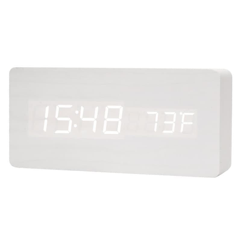 Digital LED Alarm Clock with USB Charger, Silent Wooden Clock for Bedrooms and Travel, 12/24h LCD Display, White