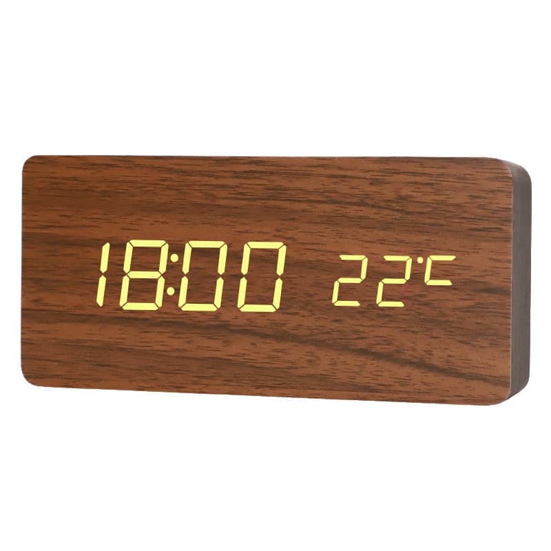 Brown Digital LED Alarm Clock with USB Charger, 12/24h LCD Display, Silent Wooden Design for Bedrooms and Travel