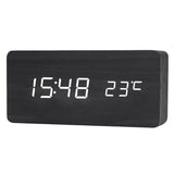 LED Alarm Clock with USB Charger, Silent Wooden Design for Bedrooms and Travel, 12/24h LCD Display, Black