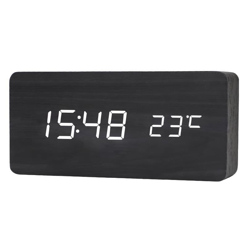 LED Alarm Clock with USB Charger, Silent Wooden Design for Bedrooms and Travel, 12/24h LCD Display, Black