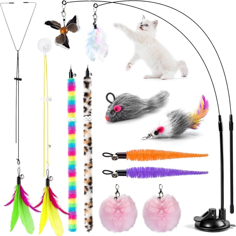 17PCS Cat Toy Set with Fishing Rod, Suction Cup, Feathers and Insects, Eco-Friendly Indoor Cat Toys