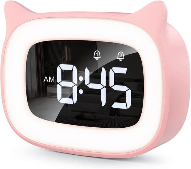 Digital LED Alarm Clock with Silent Operation, 5 Volume Levels, 5-Color Night Light, 18 Natural Sounds, Adjustable Brightness and Snooze Function, Pink