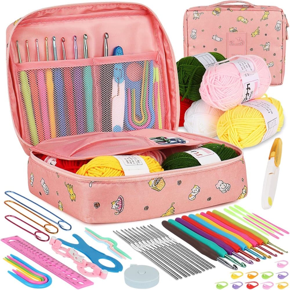 58-piece crochet hook set with ergonomic handles and yarn, includes crochet bag, 12cm
