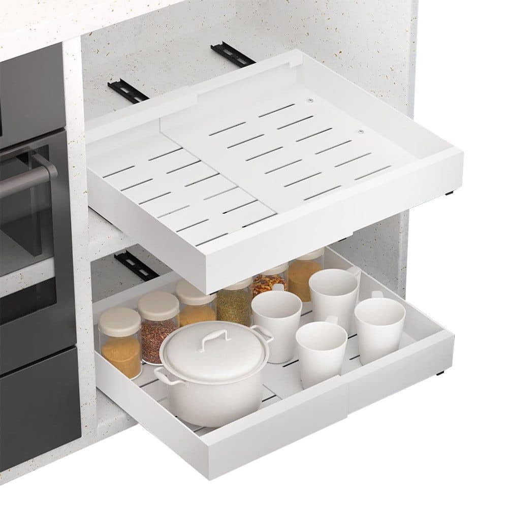 Adjustable metal pull-out shelf for cabinets