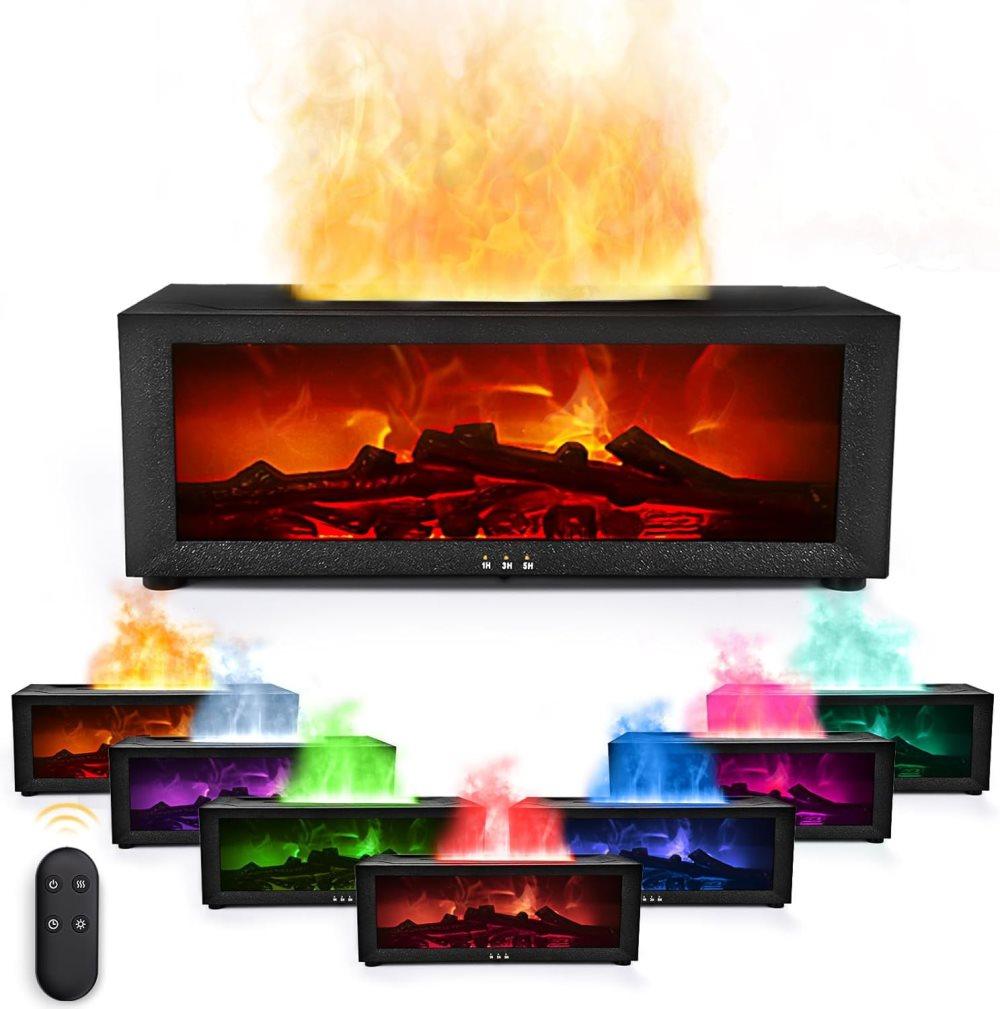 2-in-1 LED Humidifier with Fireplace Effect, 150ml Aromatherapy Diffuser, 3 Timer Settings, Remote Control, Quiet Operation, Black