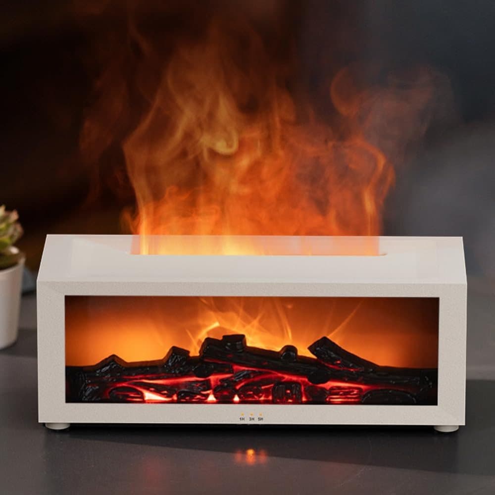 150ml White Humidifier with Fireplace Flames, 7-Color LED, Aromatherapy Diffuser, Remote Control, 3-Level Timer, Quiet Operation