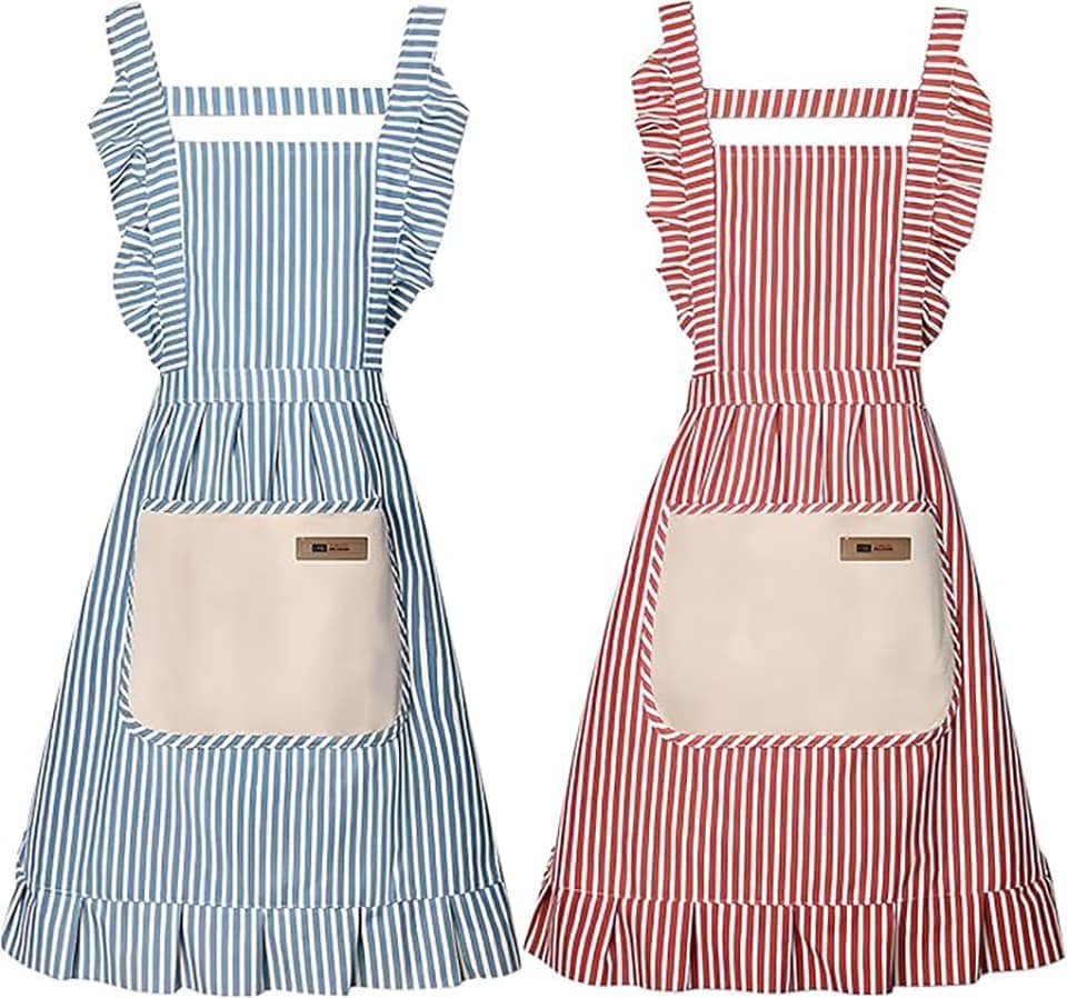 2-Pack Women's Cotton Linen Blend Kitchen Apron with Adjustable Straps and Lace Pocket, Pink