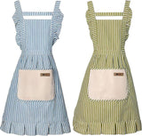 2-Pack Women's Kitchen Apron with Adjustable Straps, Cotton Linen Blend, Lace Pocket, Green