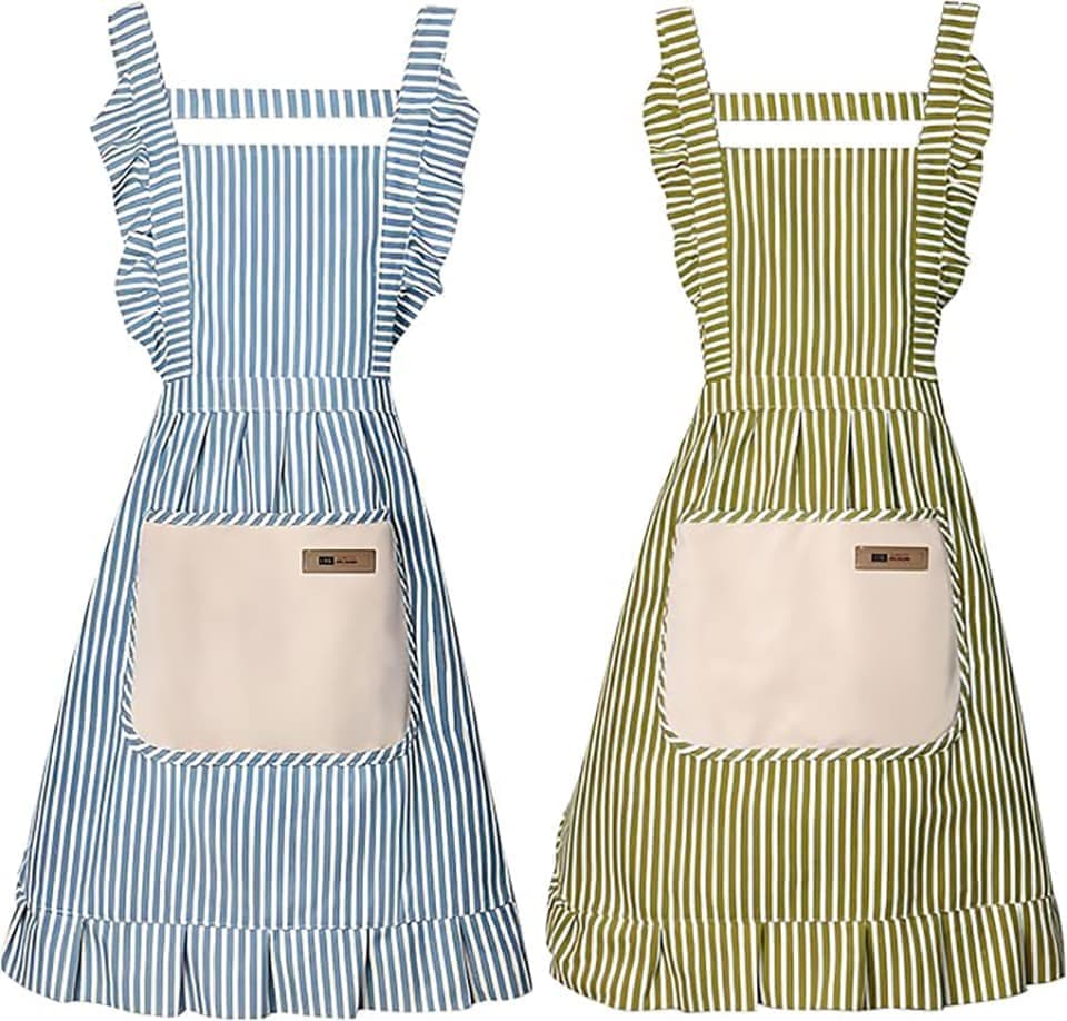 2-Pack Women's Kitchen Apron with Adjustable Straps, Cotton Linen Blend, Lace Pocket, Green
