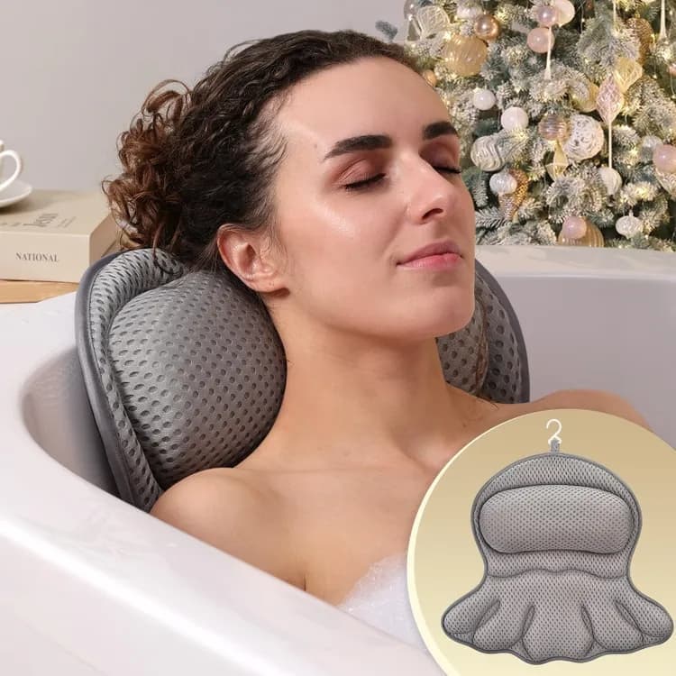 6 Suction Cups Bathtub Cushion with Ergonomic Neck and Back Support 4D Air Mesh, Gray