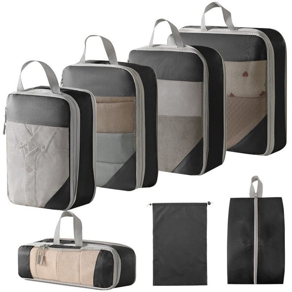 7-Piece Compression Bags for Suitcase & Backpack, Black, Lightweight Travel Packing Organizers