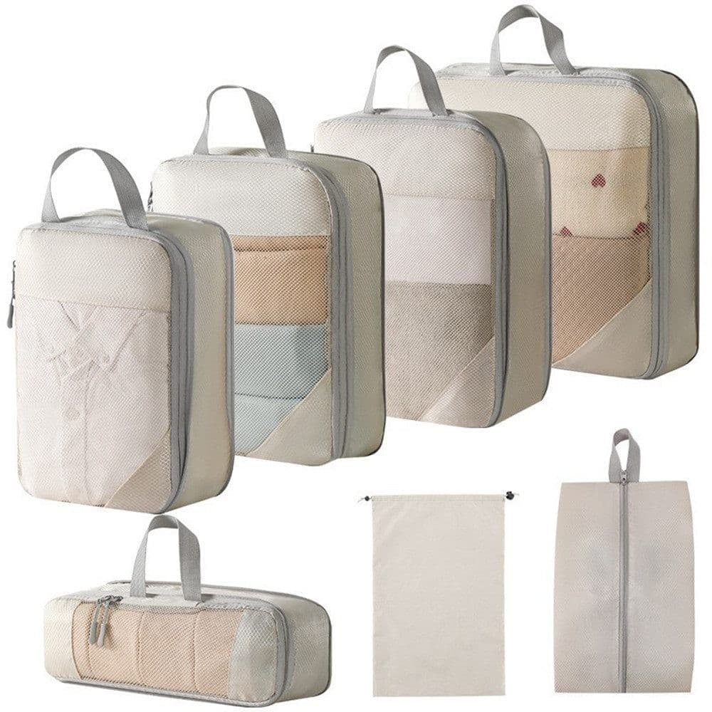 7-Piece Lightweight Travel Compression Bags for Suitcase & Backpack, Beige