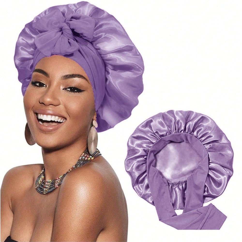 Silky Satin Sleeping Cap for Women and Girls, Double Layered Hair Protection, Adjustable Fit, Purple