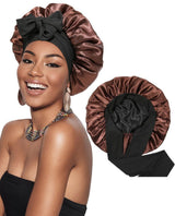 Silky Satin Sleeping Cap for Women and Girls, Double Layer Hair Protection, Adjustable Fit, Coffee