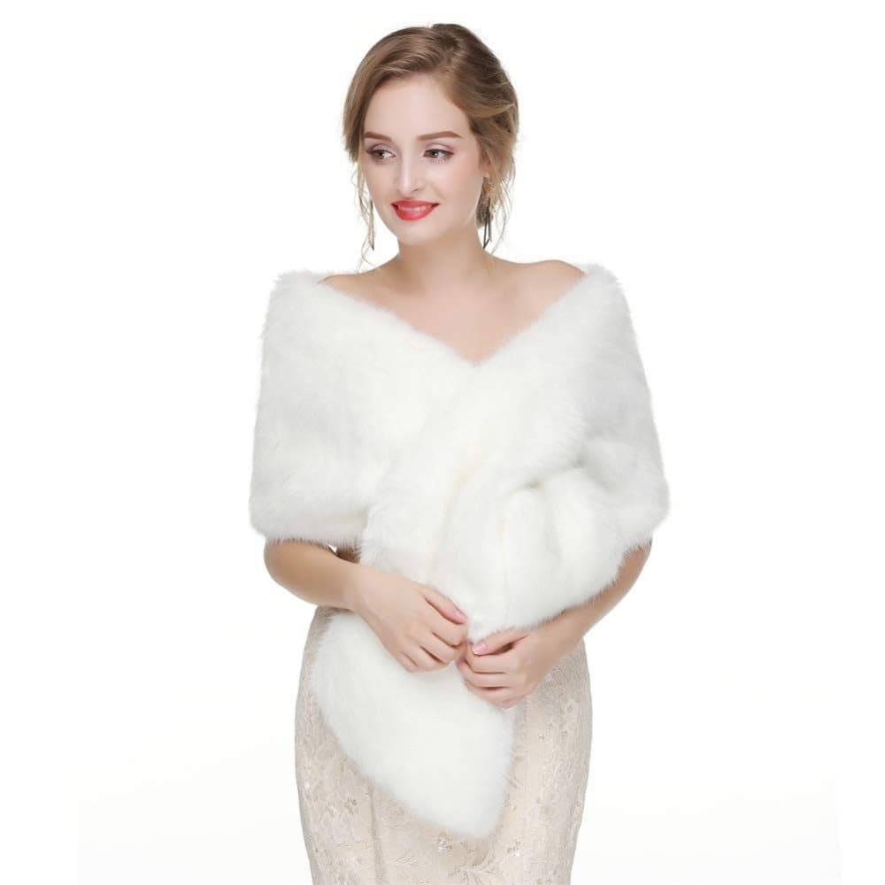 White Faux Fur Scarf Shawl for Women, Warm Large Long, with Faux Fur Trim, for Party Wedding Evening Dress Winter