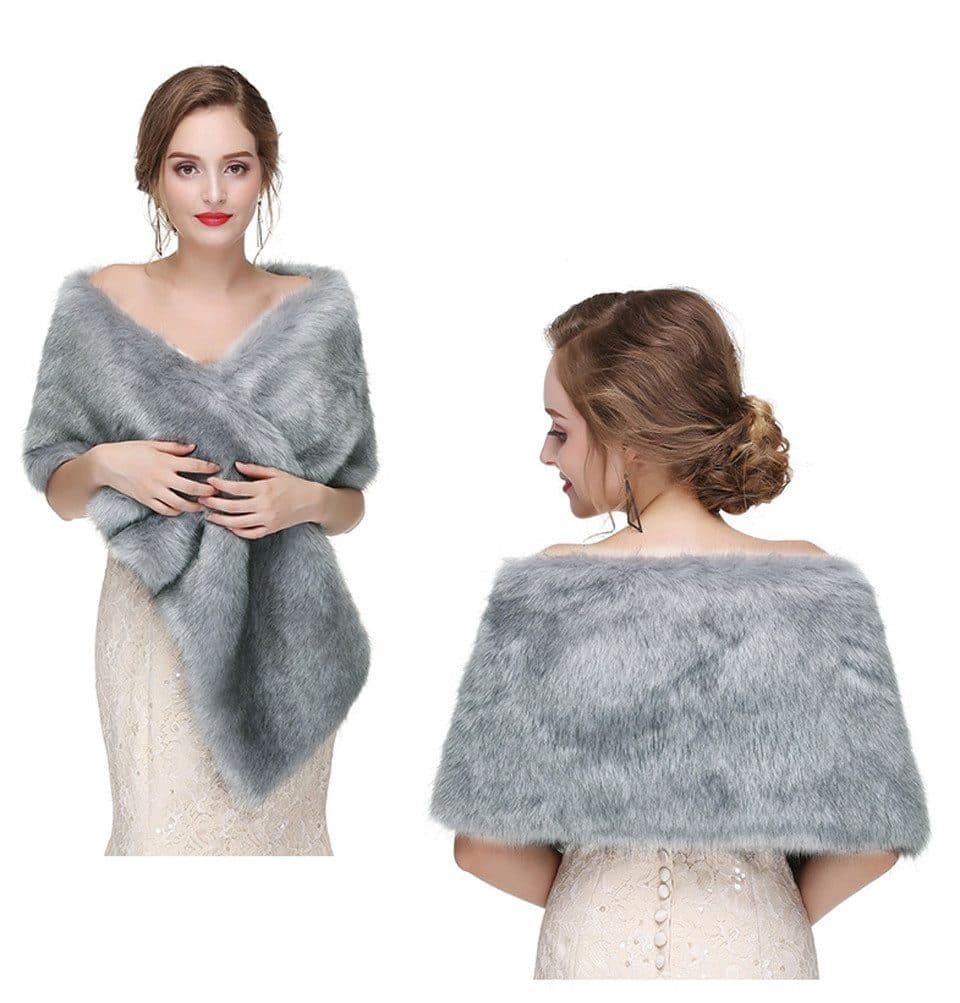 Faux Fur Scarf Shawl for Women, Warm Long Large, with Faux Fur Trim, Gray