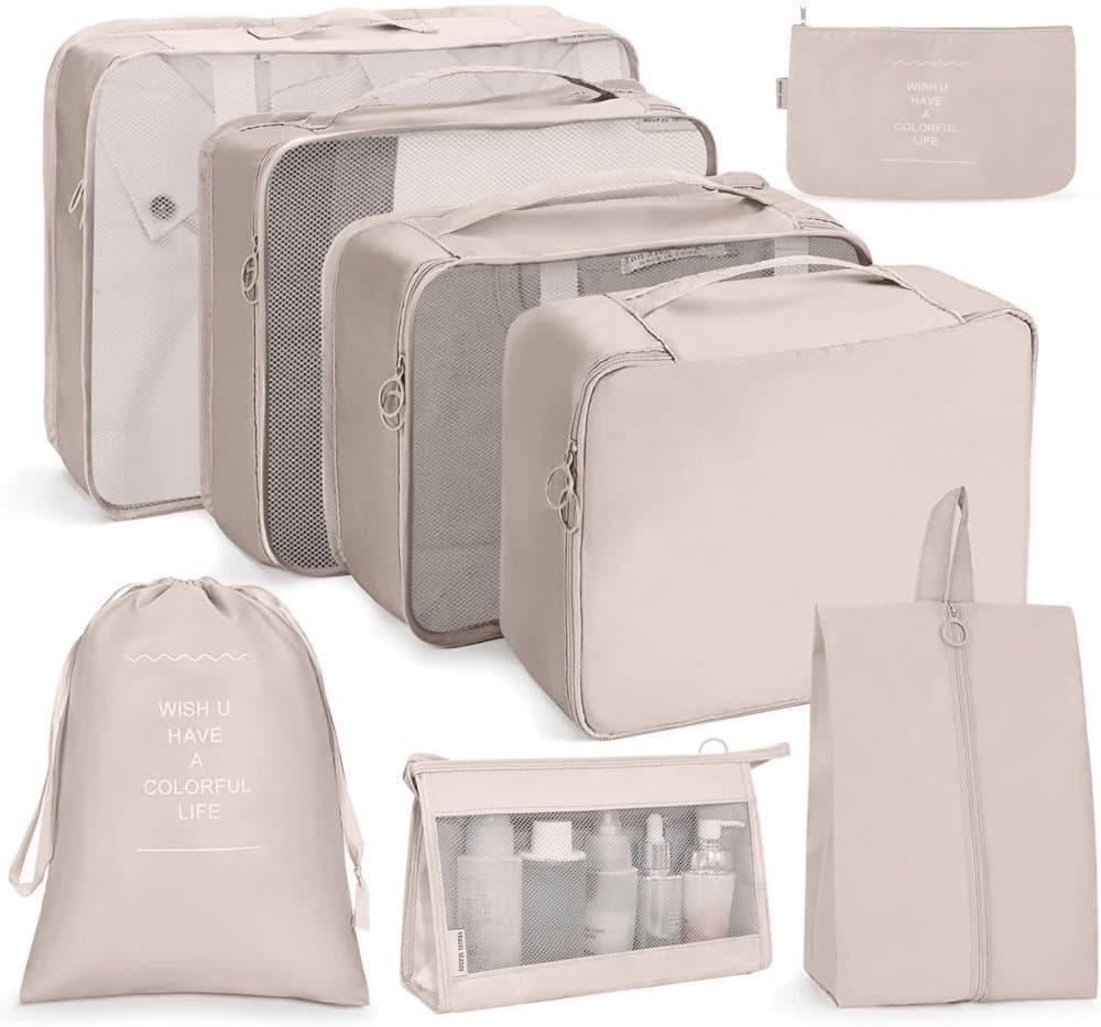 8-Piece Lightweight Water Resistant Travel Organizer for Bags, Beige