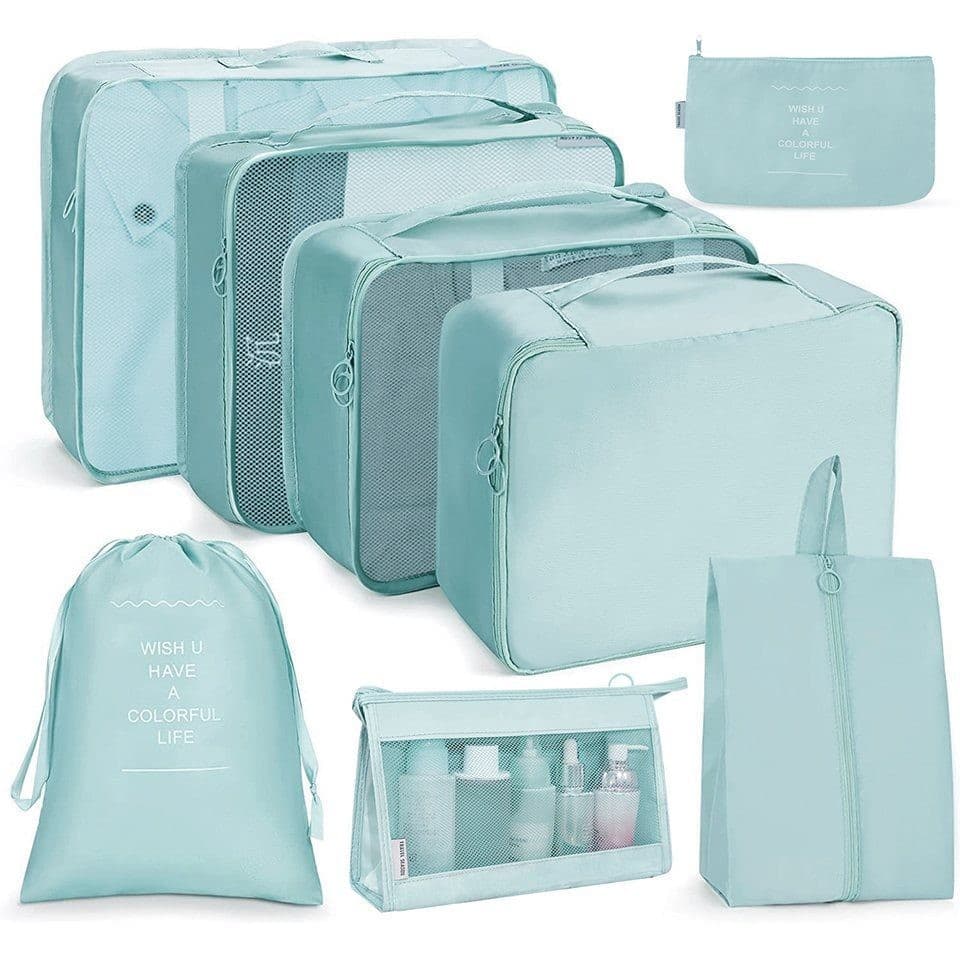 8-Piece Lightweight Water Resistant Travel Organizer for Bags, Light Blue