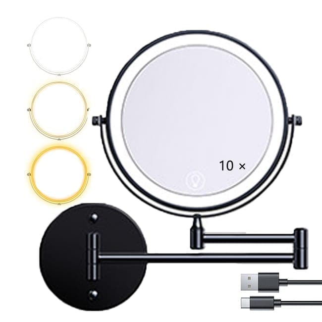 8 Inch Wall Mounted Makeup Mirror with Lights, 3x/10x Magnification, Dimmable 3 Light Modes, 360° Rotatable Double-Sided Mirror, Black