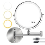 8 Inch Wall Mounted Makeup Mirror with Lights, 3x/10x Magnification, Dimmable 3 Light Modes, 360° Rotatable Double-Sided Mirror, Silver