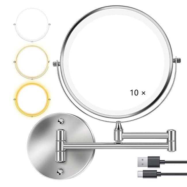 8 Inch Wall Mounted Makeup Mirror with Lights, 3x/10x Magnification, Dimmable 3 Light Modes, 360° Rotatable Double-Sided Mirror, Silver