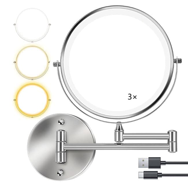 8 Inch Wall Mounted Makeup Mirror with Lights, 3x/10x Magnification, Dimmable 3 Light Modes, 360° Rotatable Double-Sided Mirror, Silver