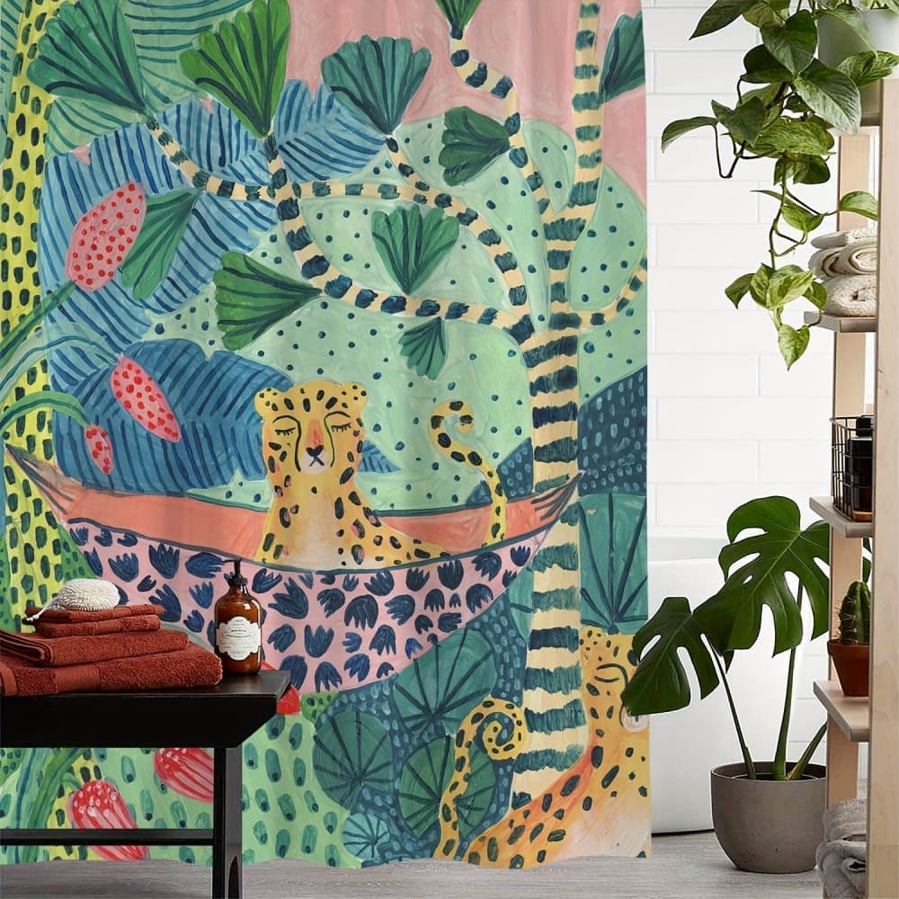 Jungle Leopard Shower Curtain Waterproof Bohemian Bathroom Decor with 12 Hooks, 180x180cm