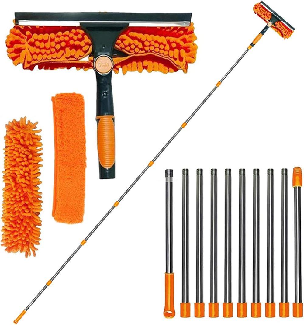 2-in-1 Window Squeegee with Telescopic Handle, 4.5m, Orange - Effective Cleaning for High Windows Cars Showers Indoors Outdoors
