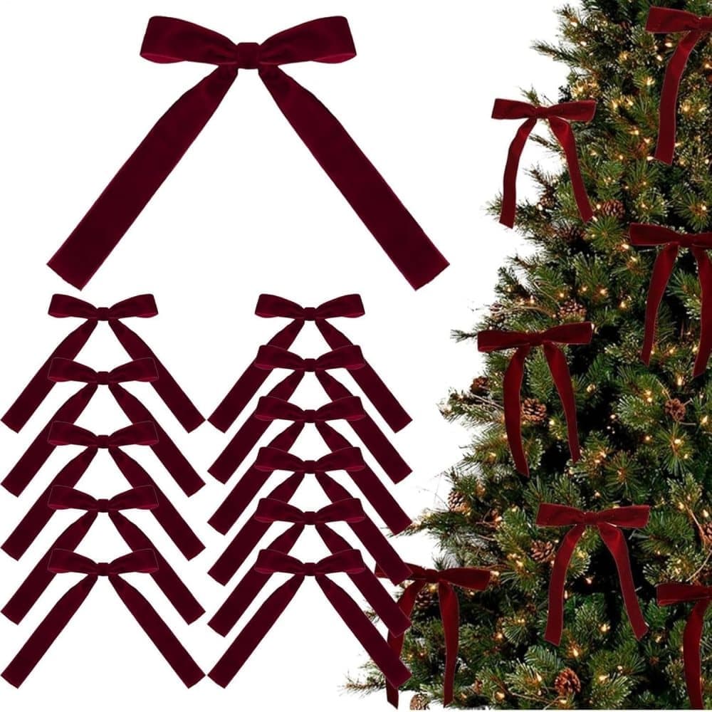 12 Christmas Bows for Tree, Velvet in Burgundy