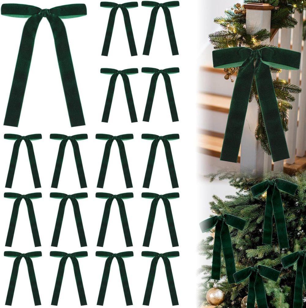 12 Christmas Bows Velvet Tree Decorations in Dark Green