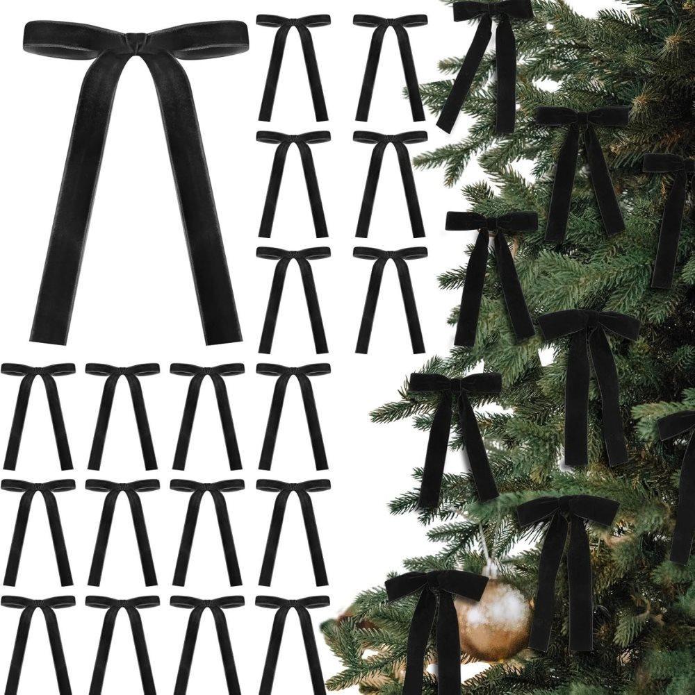 12 Christmas Bows Velvet Tree Decorations in Black, 6 inches