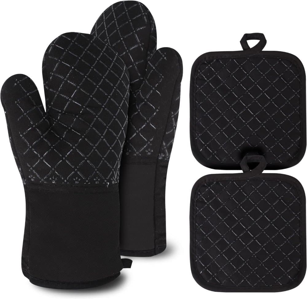 Heat Resistant Oven Mitts & Grill Gloves Anti-Slip Kitchen Potholders, Black, up to 300°C, Compatible with Cooking and Baking