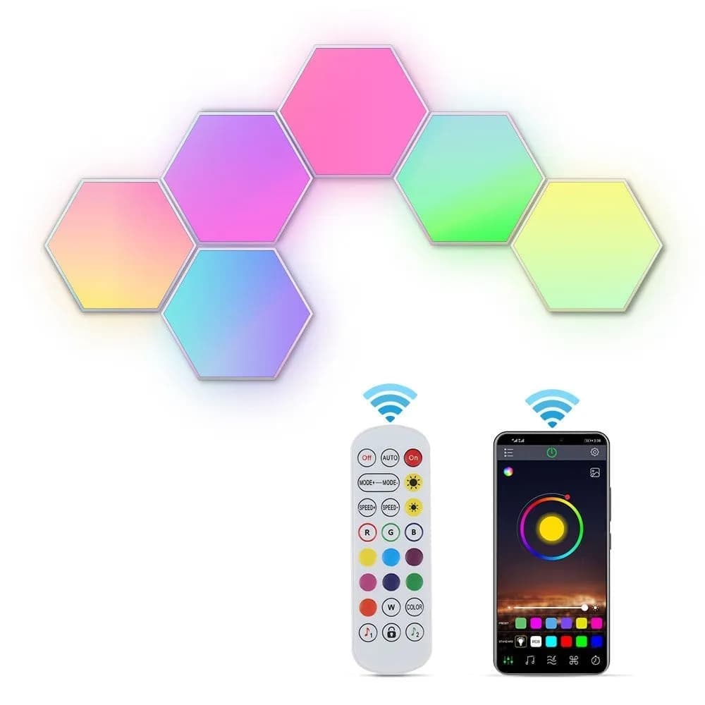 6 RGB Hexagon LED Wall Lamps with App Control, 16.5x14.5cm