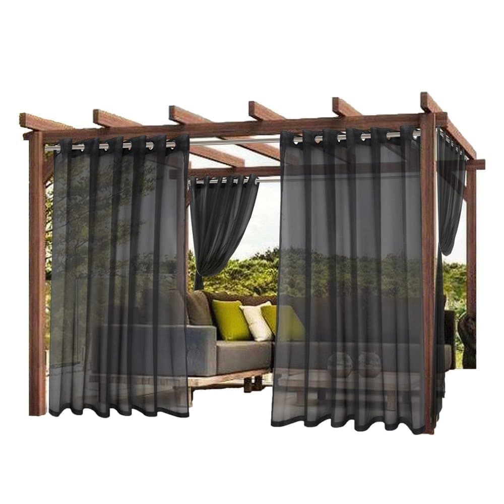 Black Water Resistant Sheer Eyelet Curtains for Outdoor, 132 cm x 274 cm
