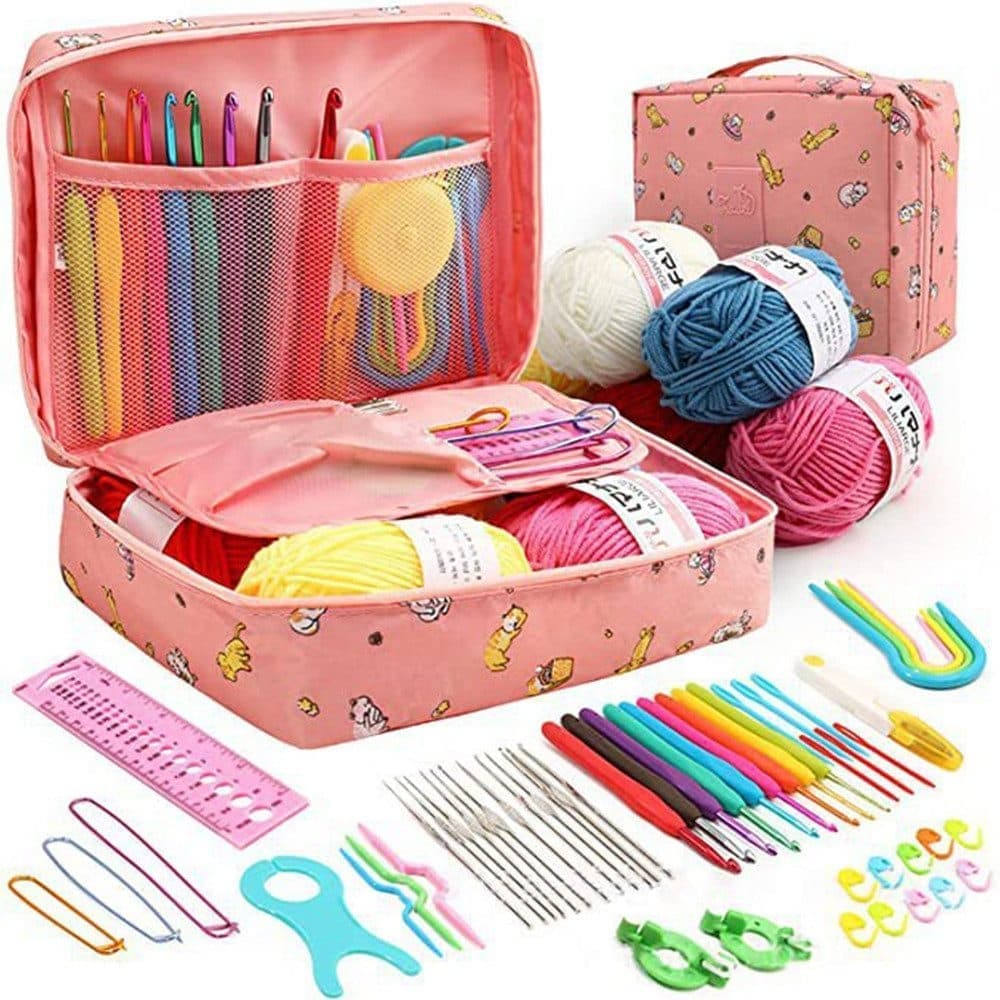 58-piece crochet hook set with yarn and bag for beginners, 10 sizes, Pink