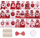 24 Christmas Calendar Bags, DIY Advent Calendar with Hanging Bags, Reusable for Christmas Gifts, Red