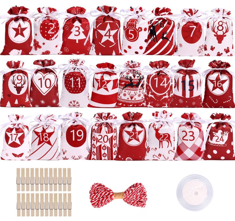 24 Christmas Calendar Bags, DIY Advent Calendar with Hanging Bags, Reusable for Christmas Gifts, Red