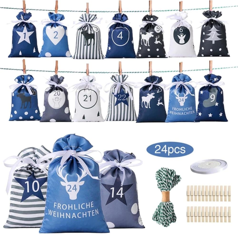 24 Christmas Calendar Bags, DIY Advent Calendar with Hanging Bags, Reusable Christmas Gifts, Blue