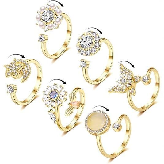 6 pcs Rotatable Antistress Fidget Spinner Rings, Gold