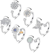 6 pcs Rotatable Antistress Fidget Spinner Rings, Silver