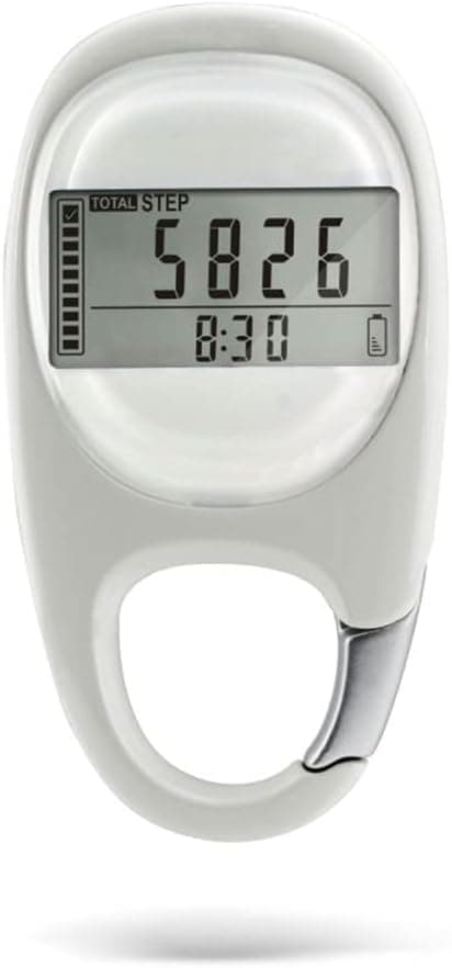 3D Pedometer with LED Display for Running and Walking, Portable Step Counter with Climbing Carabiners, White