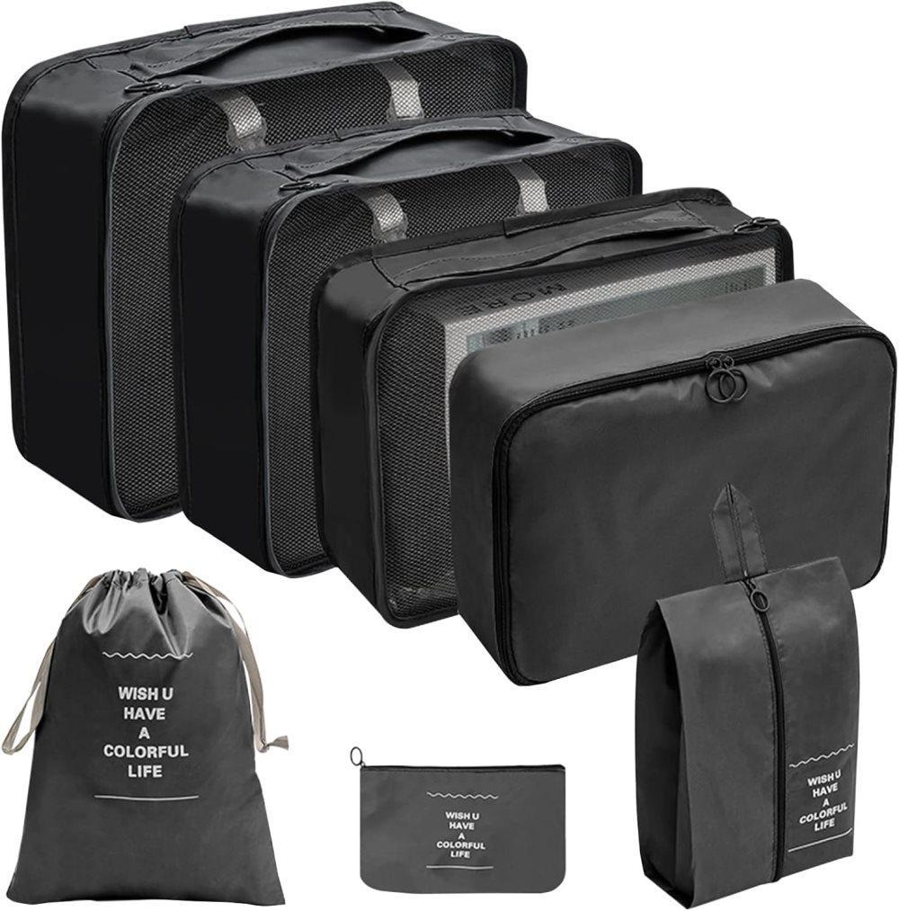 7-Piece Black Suitcase Organizer for Travel Bags
