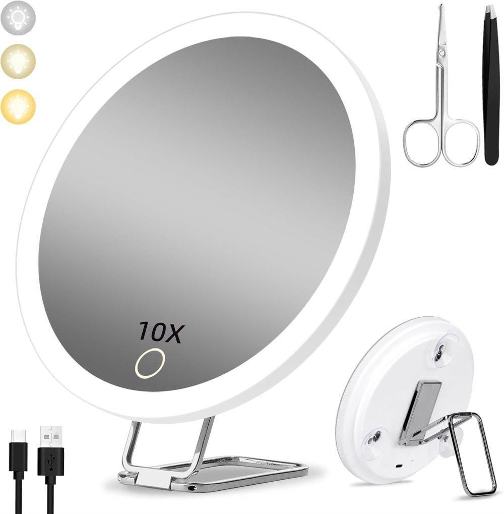 10X LED makeup mirror with lighting, 360° rotatable dimmable with 3 light modes and magnification, suction cup, White