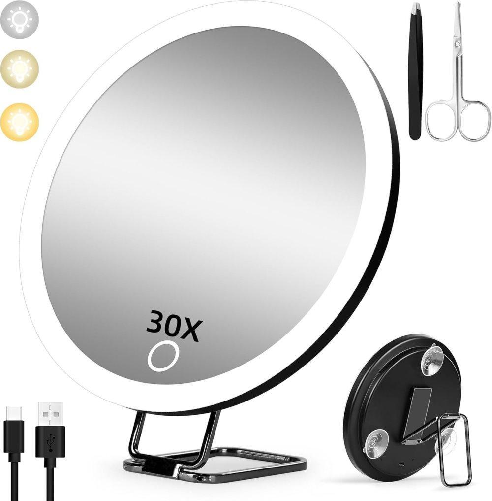 LED Makeup Mirror with Lighting 360° Rotatable Dimmable 3 Light Modes Magnification Suction Cup, Black, 30X