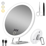 30X LED Makeup Mirror with Lighting, 360° Rotatable Dimmable 3 Light Modes Magnification Suction Cup, White