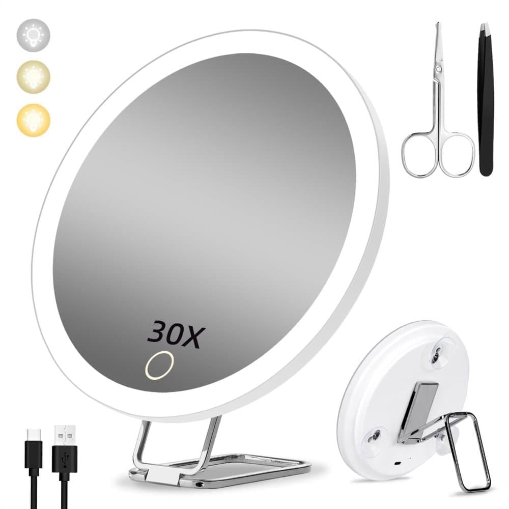 30X LED Makeup Mirror with Lighting, 360° Rotatable Dimmable 3 Light Modes Magnification Suction Cup, White