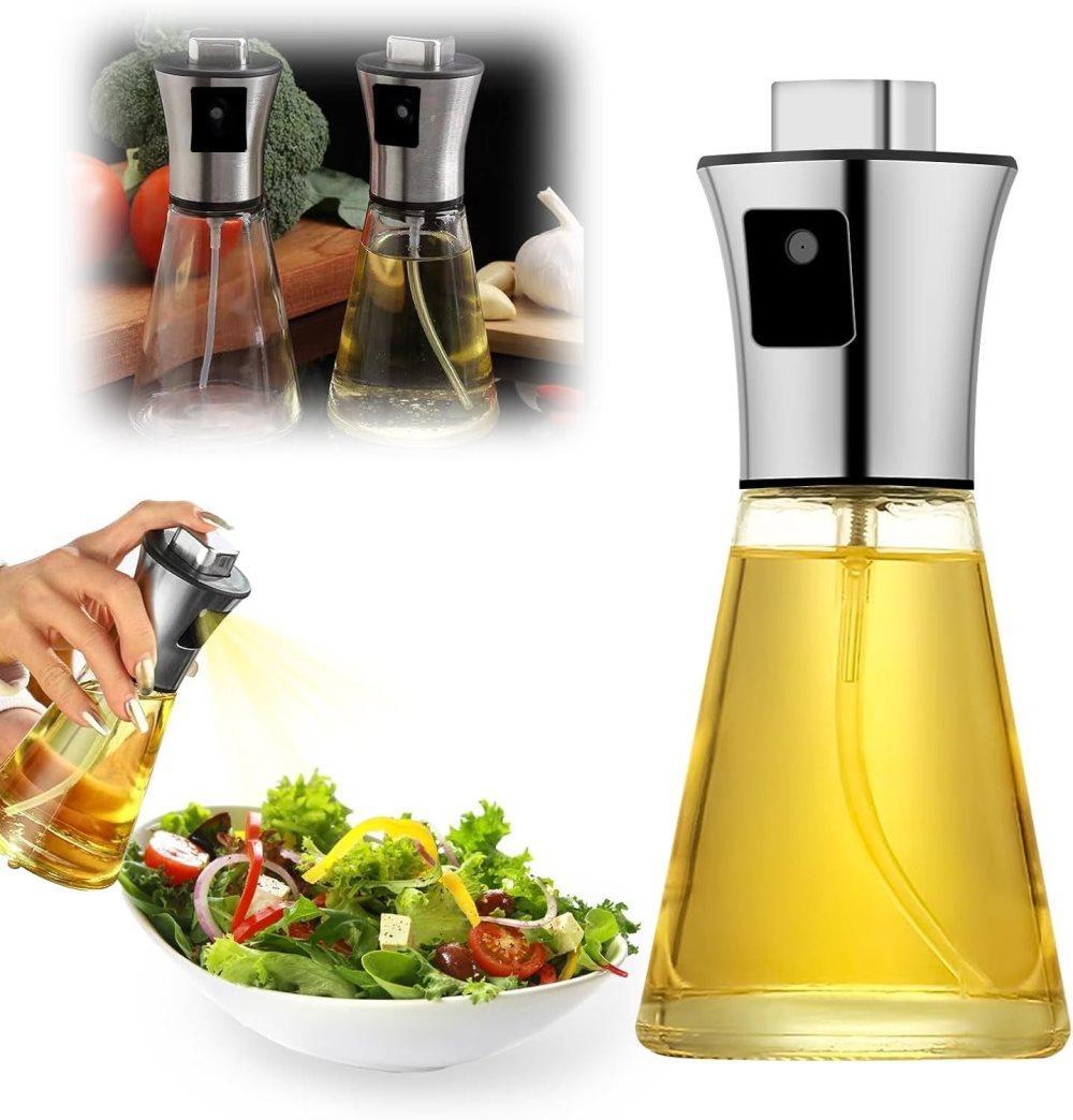 Stainless Steel and Glass Oil Spray Bottle 200 ml, Conical Design for Cooking Grilling Baking