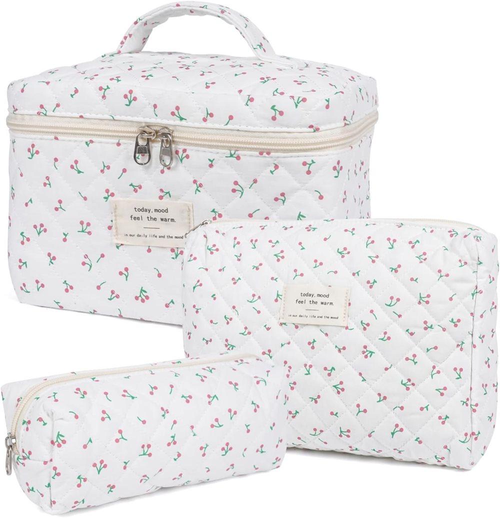 3 Cosmetic Bags Floral Lightweight Toiletry Bag for Women, White, Set of 3