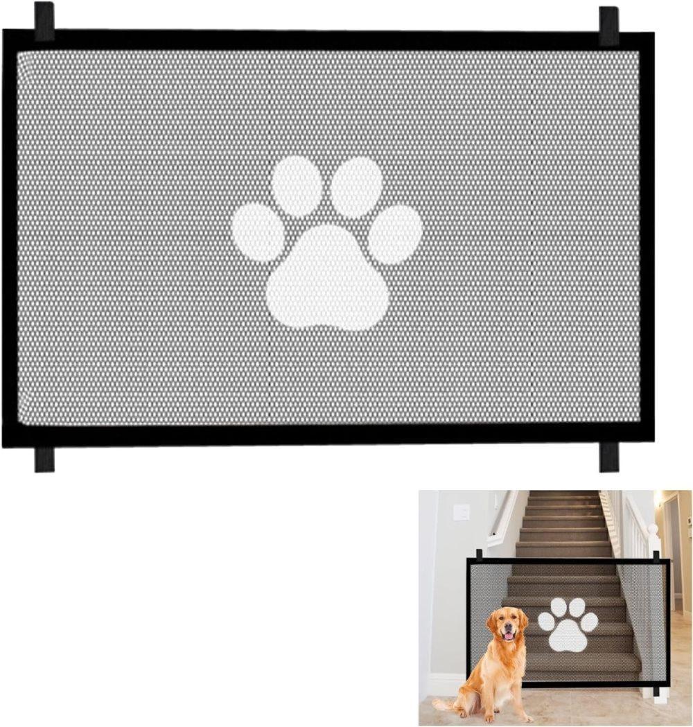 Portable Dog Gate Without Drilling, Self-adhesive Safety Gate with Paw Pattern, 110/180x78 cm